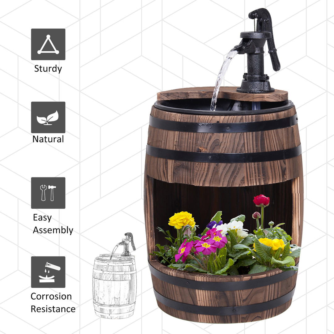 MCL Wood Barrel Patio Water Fountain Electric Pump Garden Decorative Ornament with Flower Planter Decor