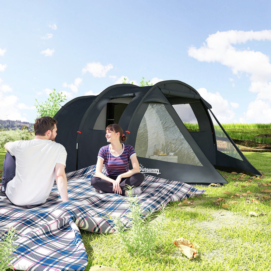 3-4 Man Tunnel Tent, Two Room Camping Tent with Windows, Portable Carry Bag, for Fishing, Hiking, Sports, Festival - Black