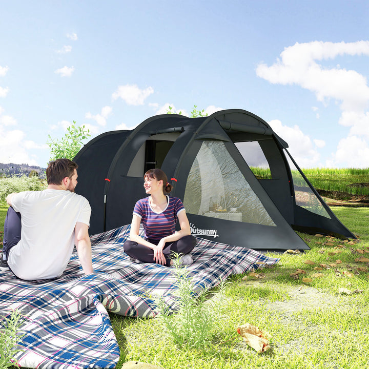 3-4 Man Tunnel Tent, Two Room Camping Tent with Windows, Portable Carry Bag, for Fishing, Hiking, Sports, Festival - Black