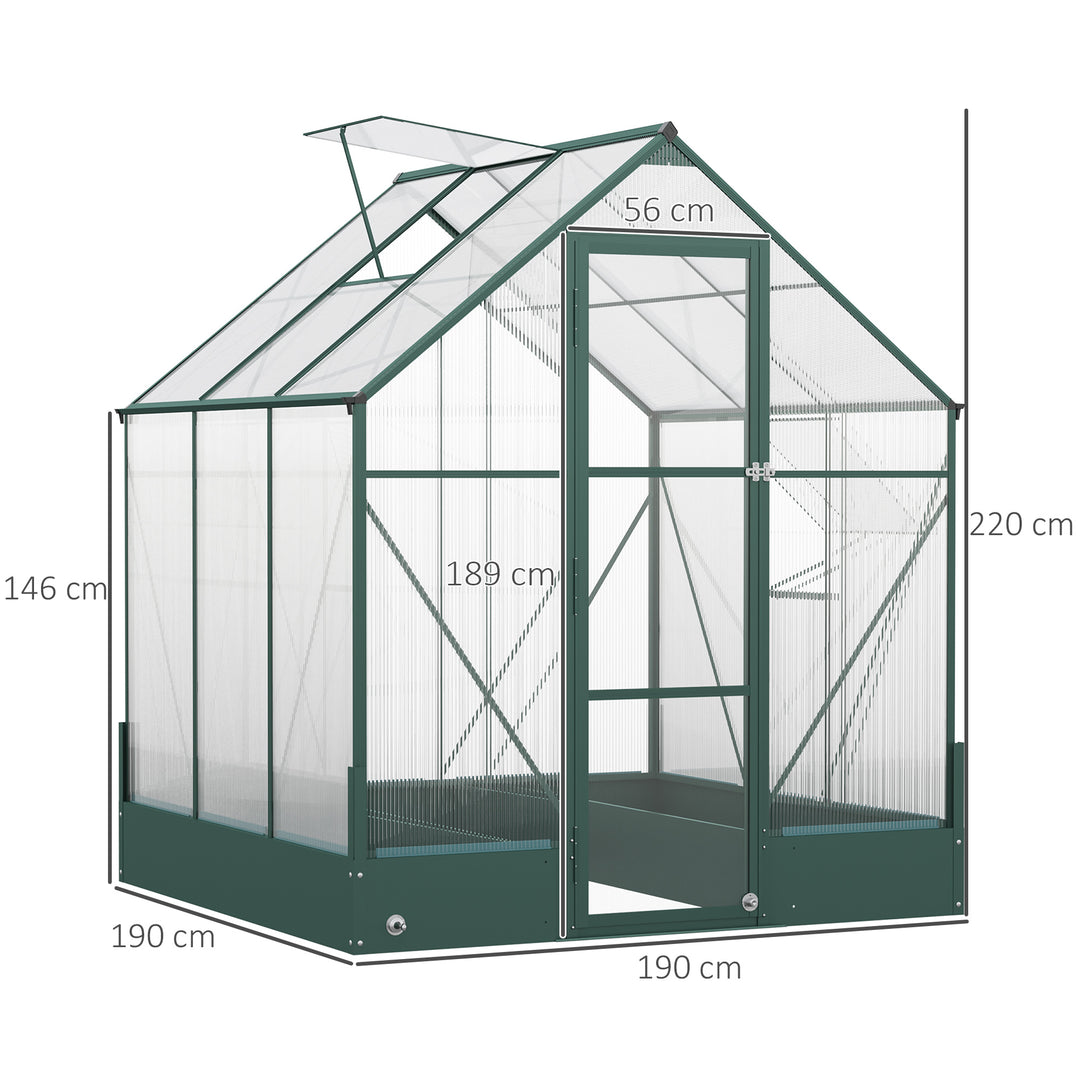 6x6 FT Polycarbonate Greenhouse with Base and Raised Bed, Walk-in Greenhouse with Aluminium Frame, Temperature Controlled Window, Foundation for Plants, Flowers, Vegetable