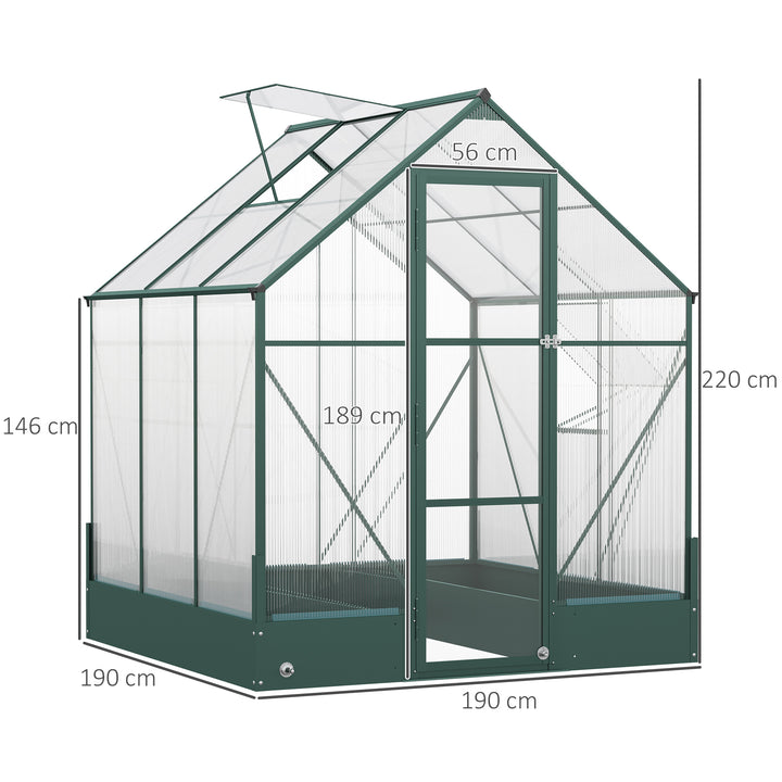 6x6 FT Polycarbonate Greenhouse with Base and Raised Bed, Walk-in Greenhouse with Aluminium Frame, Temperature Controlled Window, Foundation for Plants, Flowers, Vegetable