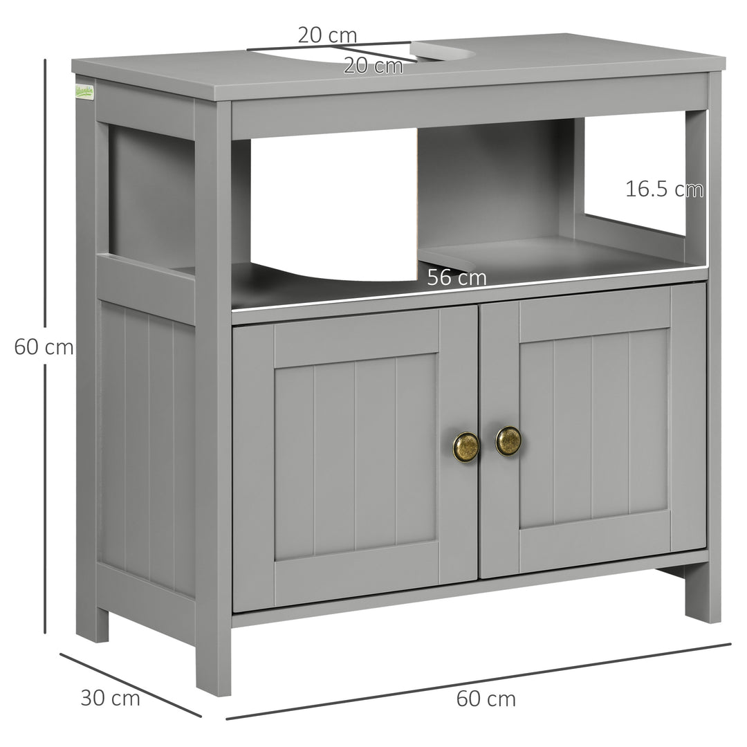 Kleankin Pedestal Under Sink Cabinet, Modern Double Door Bathroom Vanity Storage Unit with Shelves, Light Grey