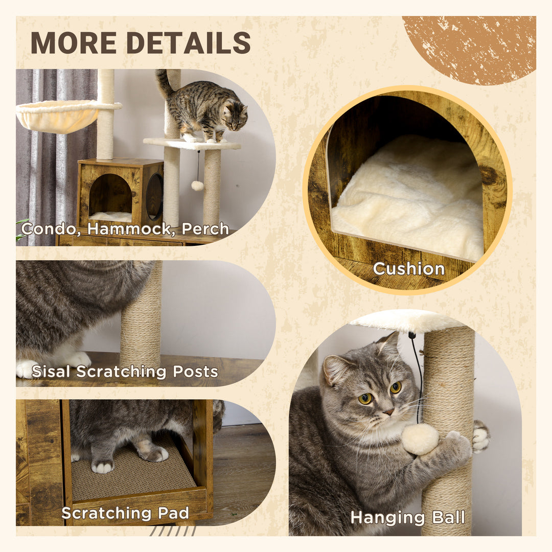 PawHut Cat Litter Box Enclosure, with Tree Tower, Cat House, Hammock, Cushion - Rustic Brown | Aosom UK