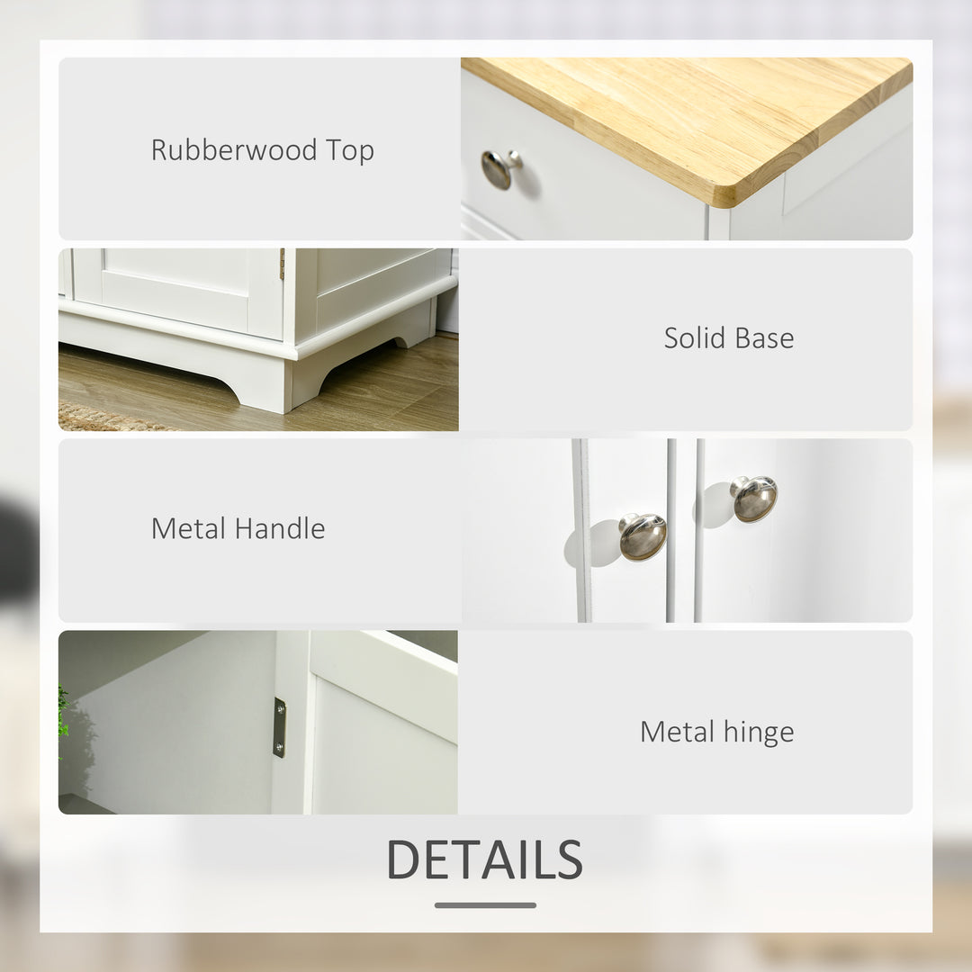 Sideboard with Rubber Wood Top, Modern Storage Cabinet, Kitchen Cupboard with 3 Doors, 3 Drawers and 3 Adjustable Shelves for Dining Room, Living Room, White