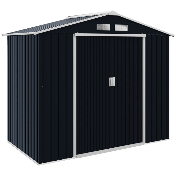 Outsunny Lockable Garden Shed Large Patio Roofed Tool Metal Storage Building Foundation Sheds Box Outdoor Furniture, 7ft x 4ft, Dark Grey