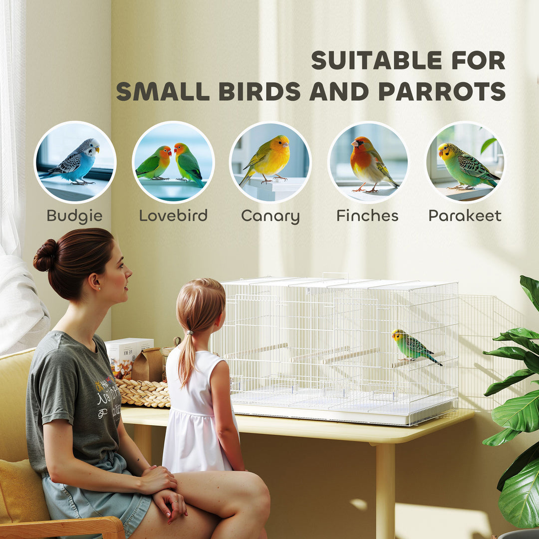 Bird Cage with Divider, 4 Wooden Perches, Slide Out Tray, 4 Feeders, for Budgie, Lovebird, Canary, 76 x 46 x 46cm, White