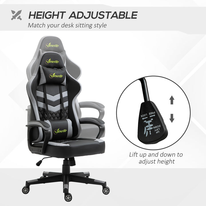 Gaming Chair, Computer Desk Chair with Lumbar Support, Faux Leather Racing Chair with Headrest and Swivel Wheels for Home Office, Black Grey