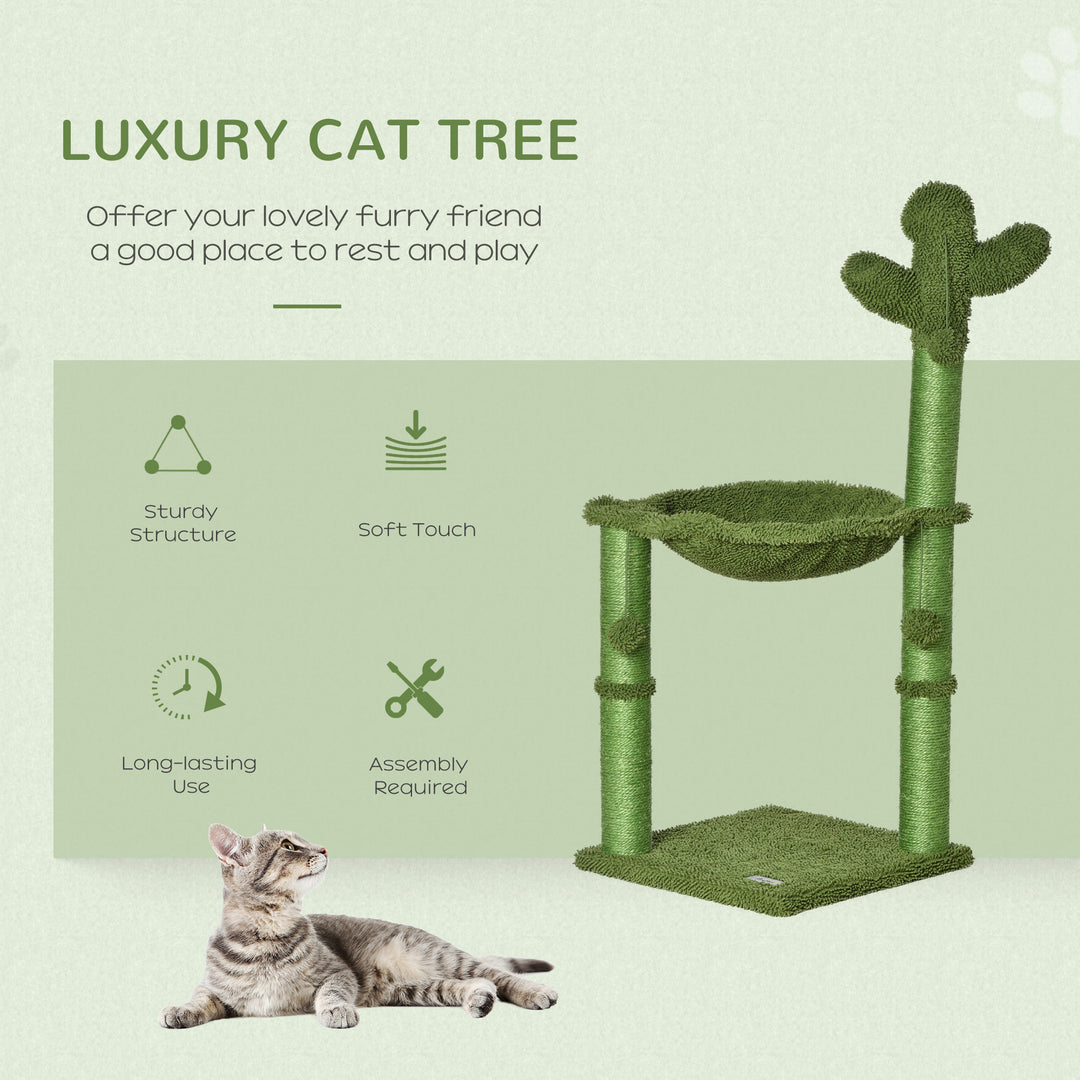 PawHut Cat Tower Kitten Activity Center Cactus Shape with Scratching Post Hammock Bed Dangling Ball Toy | Aosom UK