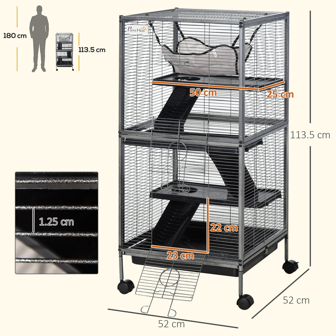 MCL Small Animal Cage with Wheels Pet Home for Chinchillas Ferrets Kittens, with Hammock, 4 Platforms, Removable Tray, Silver