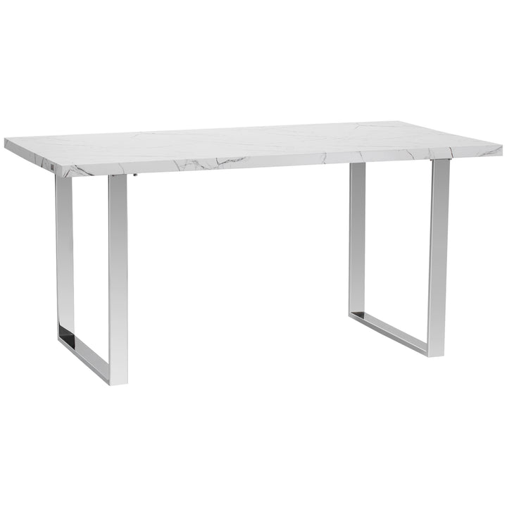 Modern Dining Room Table Rectangular Kitchen Table for 6-8 People with Marble Effect Tabletop Steel Legs 160 cm White