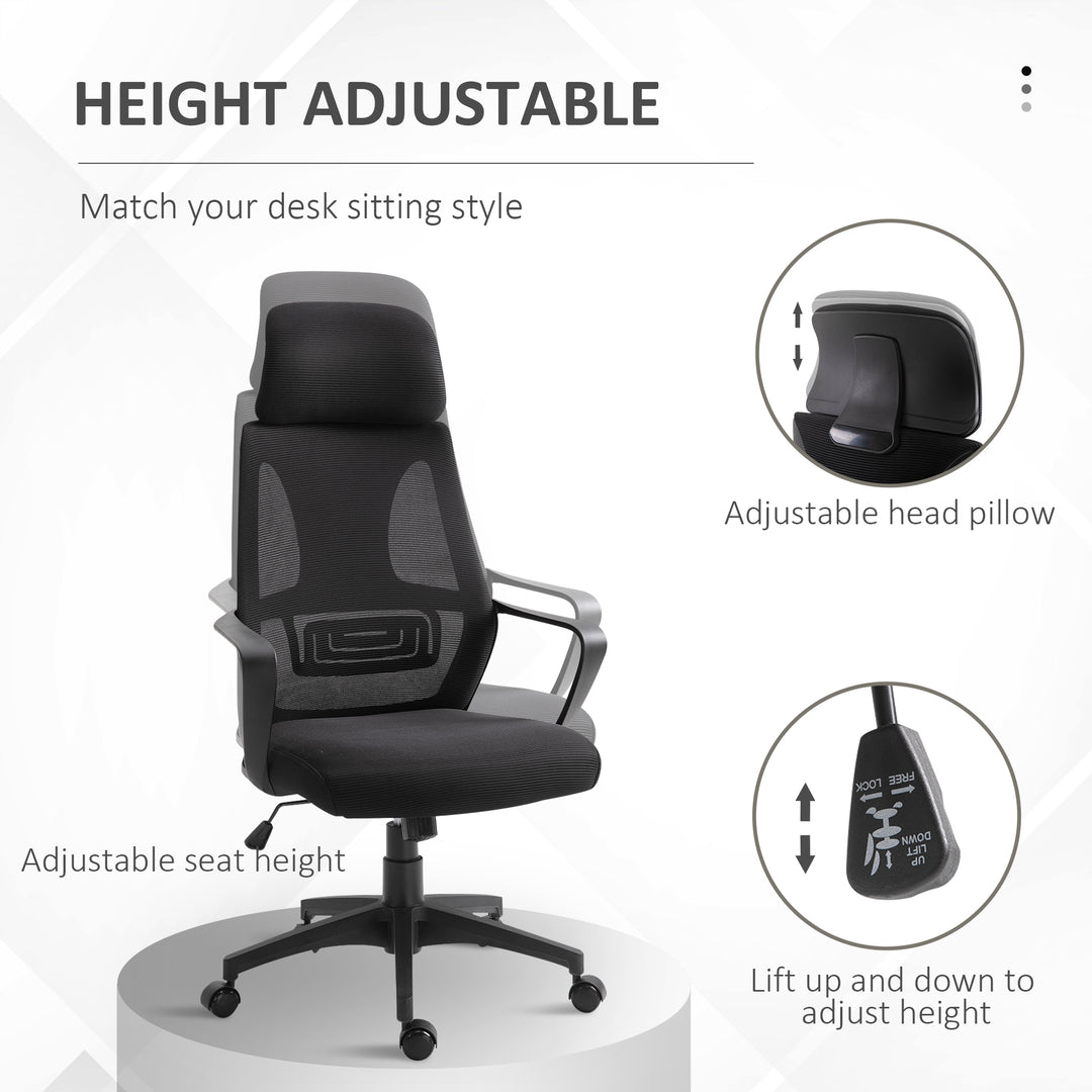 Ergonomic Office Chair, High Back Computer Chair, Mesh Desk Chair with Lumbar Support, Headrest, Wheel, Adjustable Height, Black
