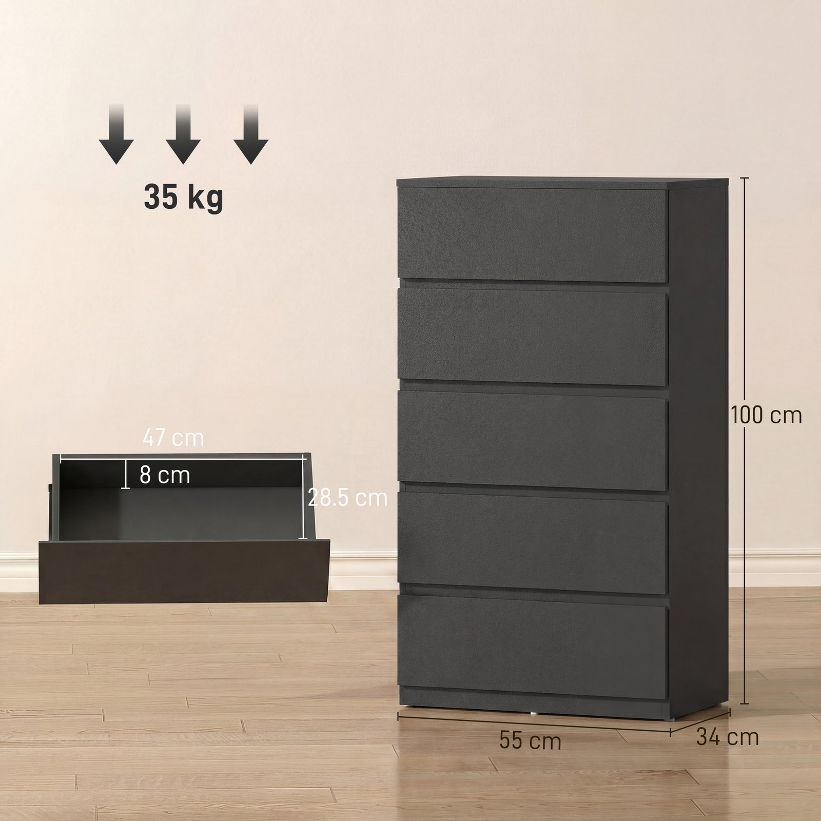 Chest of Drawers, 5-Drawer Storage Cabinets, Modern Dresser, Storage D