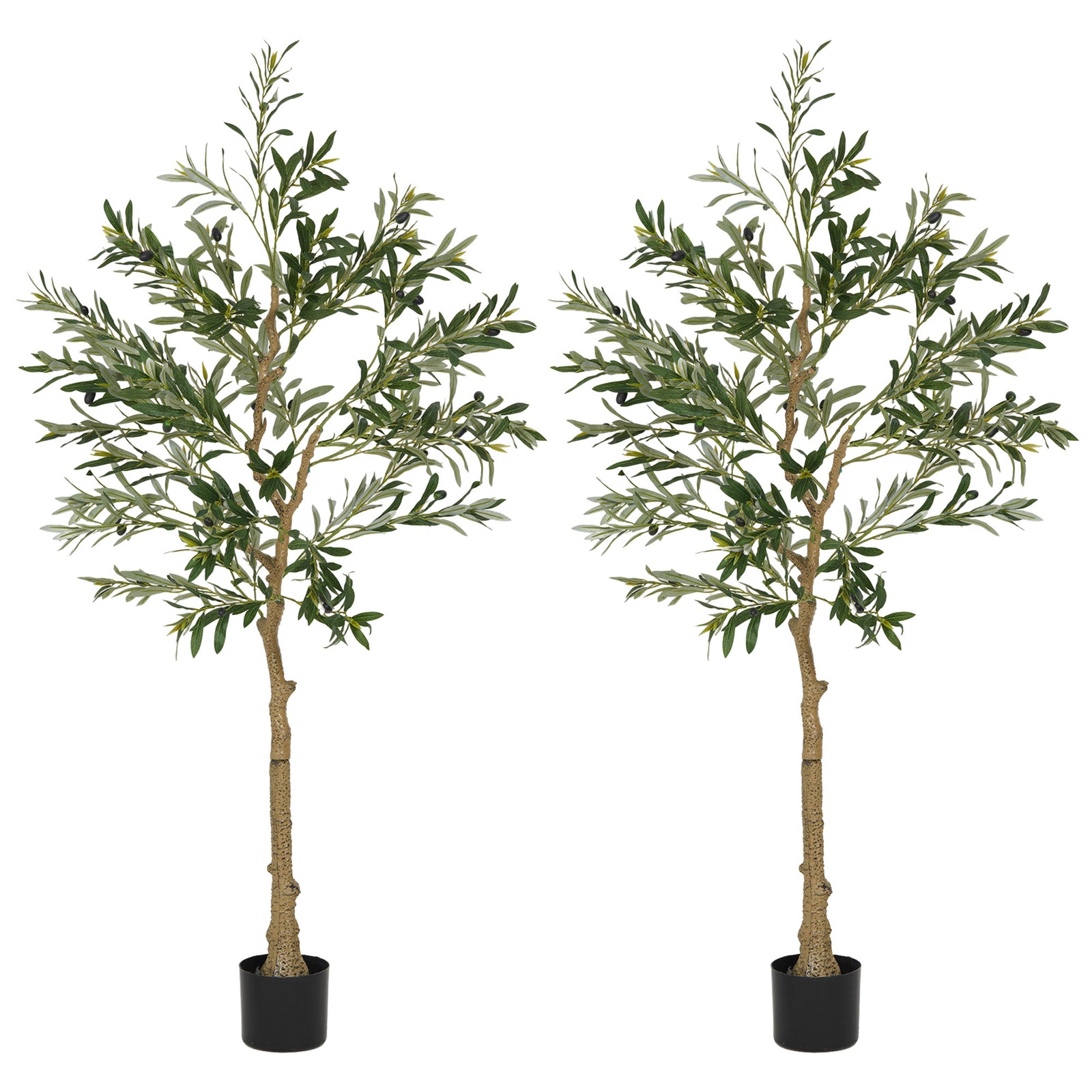 Set of 2 5ft/ 150cm Decorative Artificial Plant, Silk Olive Tree with 720 Leaves and 32 Olive Fruits in Pot, Fake Plant for Home, Office, Living Room, Indoor Decor