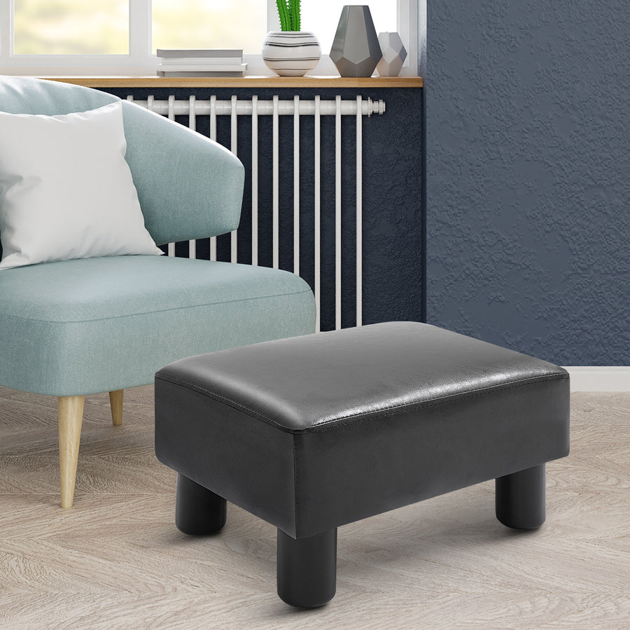 Faux Leather Footstool, Small Foot Rest, Rectangle Sofa Stool for Bedroom Living Room, Black