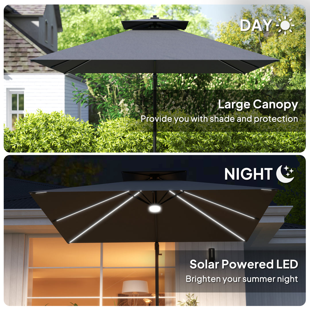 2.5m Cantilever Parasol with Solar Powered LED Lights, 360° Rotation, Tilt Adjustment, Crank Handle, Dark Grey