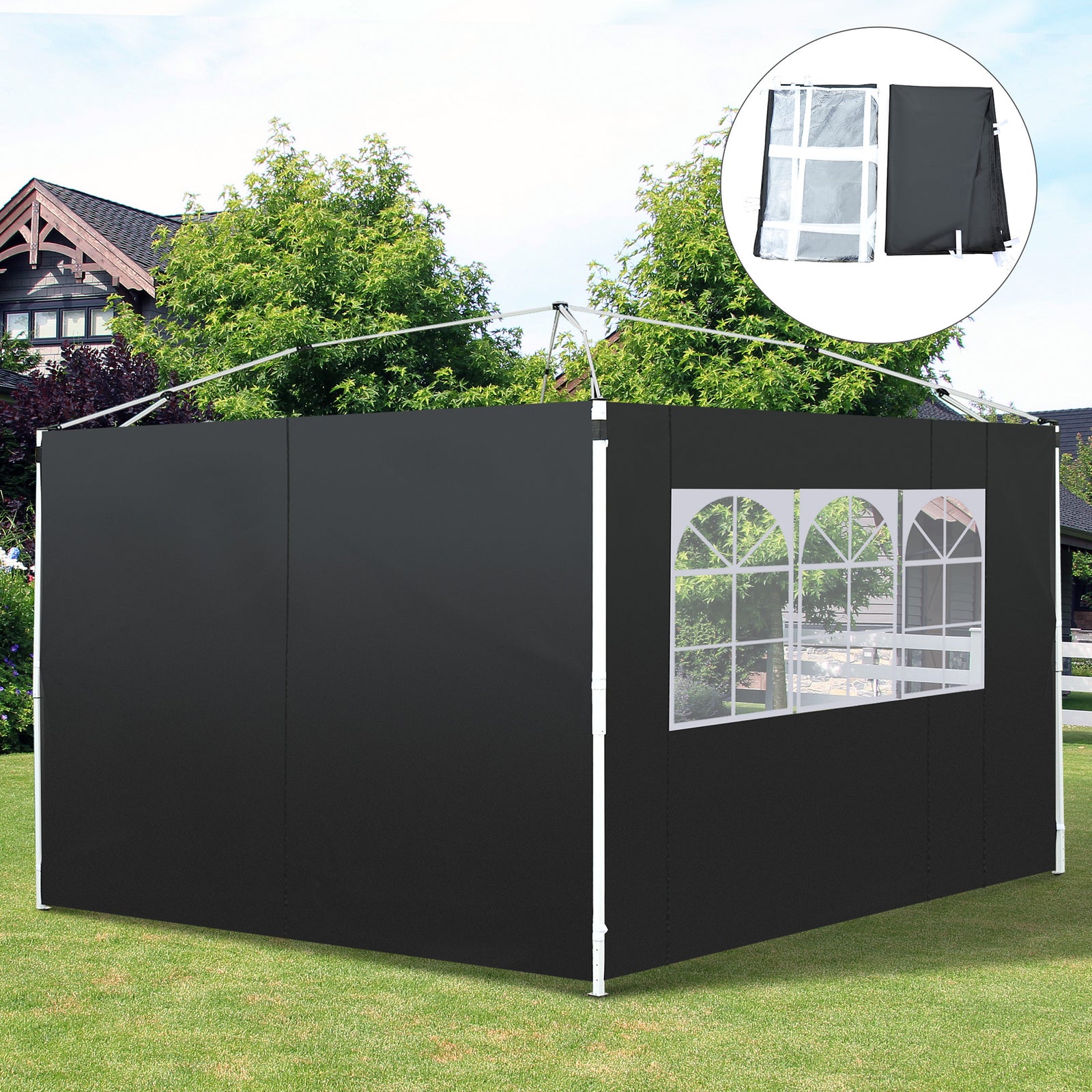 3 Meters Gazebo Replaceable Exchangeable Side Panel Wall Panels Walls With Window, Black