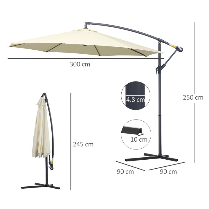 Outsunny Cantilever Parasol: 3m Patio Banana Hanging Umbrella, Crank & Tilt, 8 Ribs, Cross Base, Creamy White | Aosom UK