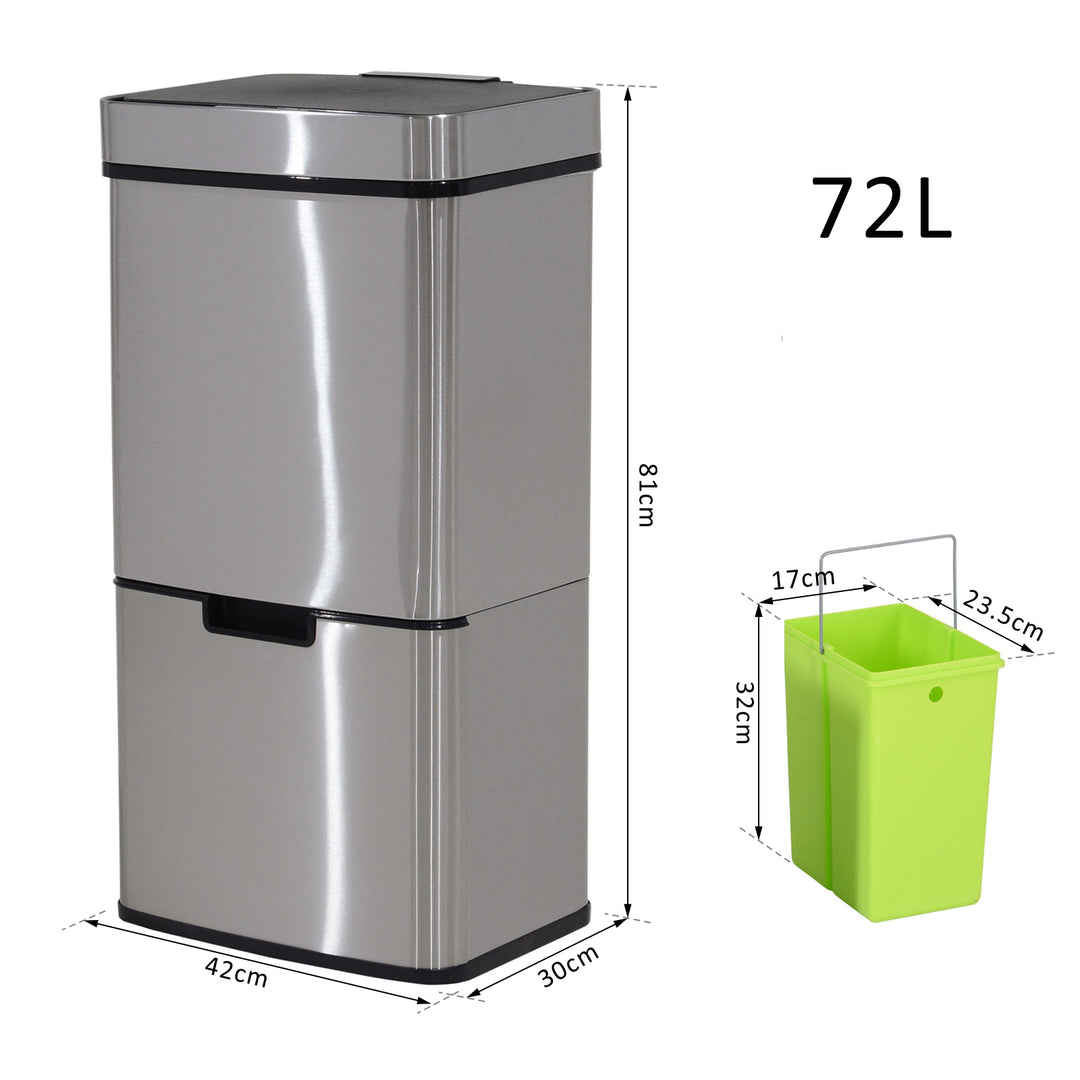 72L Recycling Sensor Bin Stainless Steel 3 Compartments For Both Wet/Dry Waste w/Removable Lid Kitchen Home