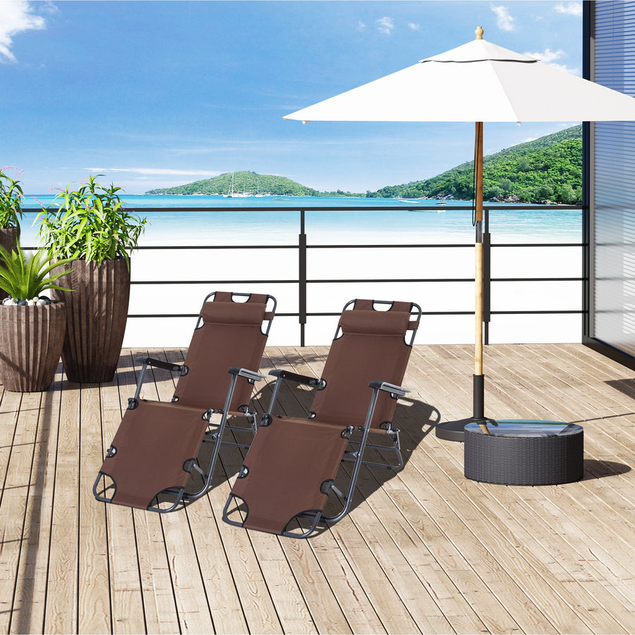 2 in 1 Folding Sun Lounger Reclining Garden Chair Set of 2 with 2-Level Adjustable Backrest, Outdoor Zero Gravity Recliner Garden Chairs with Head Pillow and Armrests, Brown