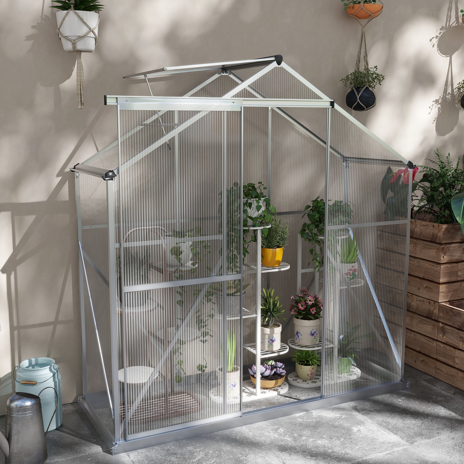 6 x 2.5ft Polycarbonate Greenhouse Walk-In Green House with Rain Gutter, Sliding Door, Window, Foundation, Silver