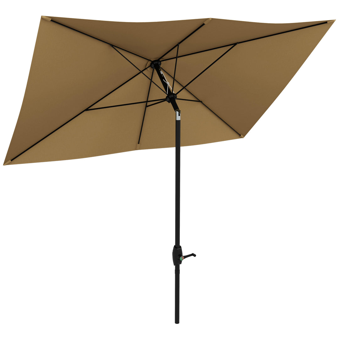2 x 3(m) Garden Parasol Umbrella, Rectangular Outdoor Market Umbrella Sun Shade with Crank & Push Button Tilt, 6 Ribs, Aluminium Pole, Brown
