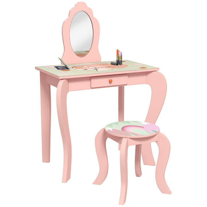 ZONEKIZ Kids Dressing Table with Mirror, Stool, Drawer, Cute Animal Design - Pink