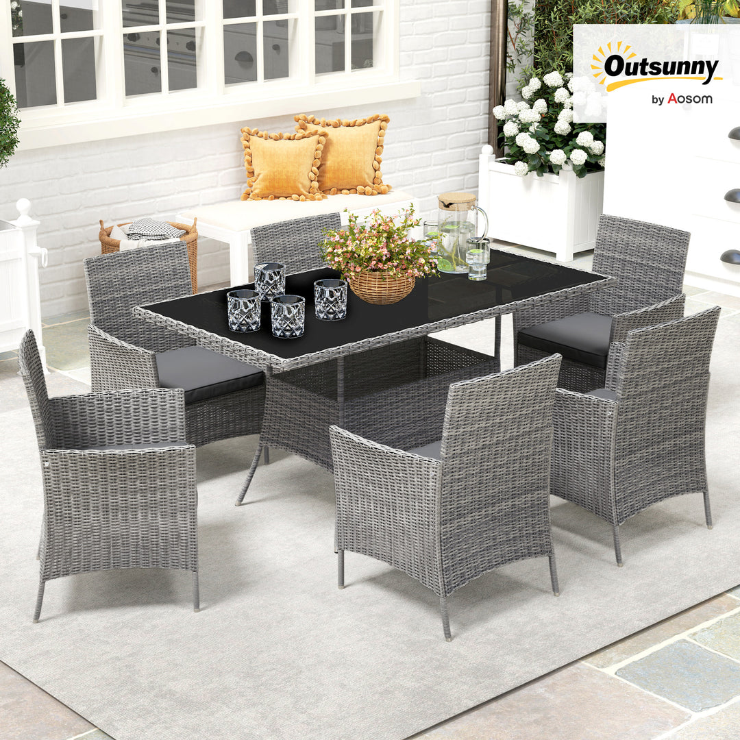 7-Piece Rattan Garden Furniture Set with Cushions, 6 Seater Garden Table and Chairs, Rattan Dining Set with 6 Armchairs, Rectangular Glass Top Table, Charcoal Grey