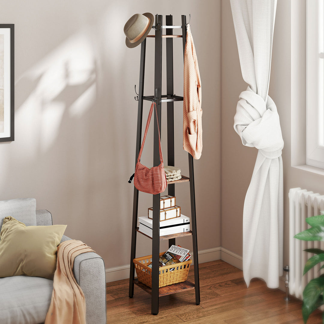 Industrial Coat Stand with 8 Hooks and 4 Shelves - Rustic Brown