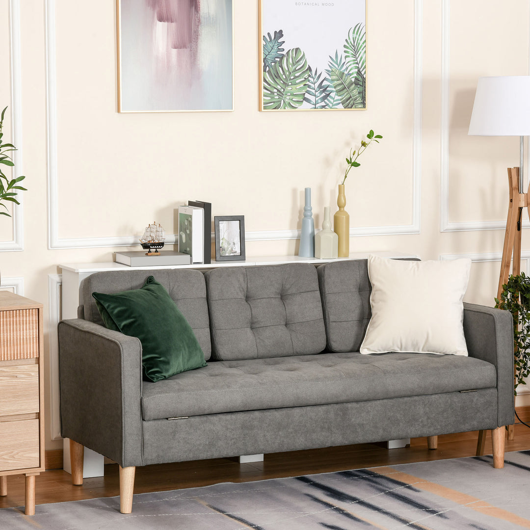 Modern 3 Seater Sofa with Hidden Storage, 169cm Tufted Cotton Couch with Wood Legs, Compact Sofa for Living Room, Grey