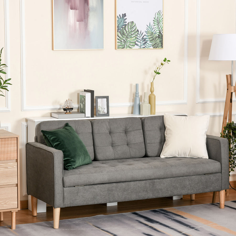 Modern 3 Seater Sofa with Hidden Storage, 169cm Tufted Cotton Couch with Wood Legs, Compact Sofa for Living Room, Grey