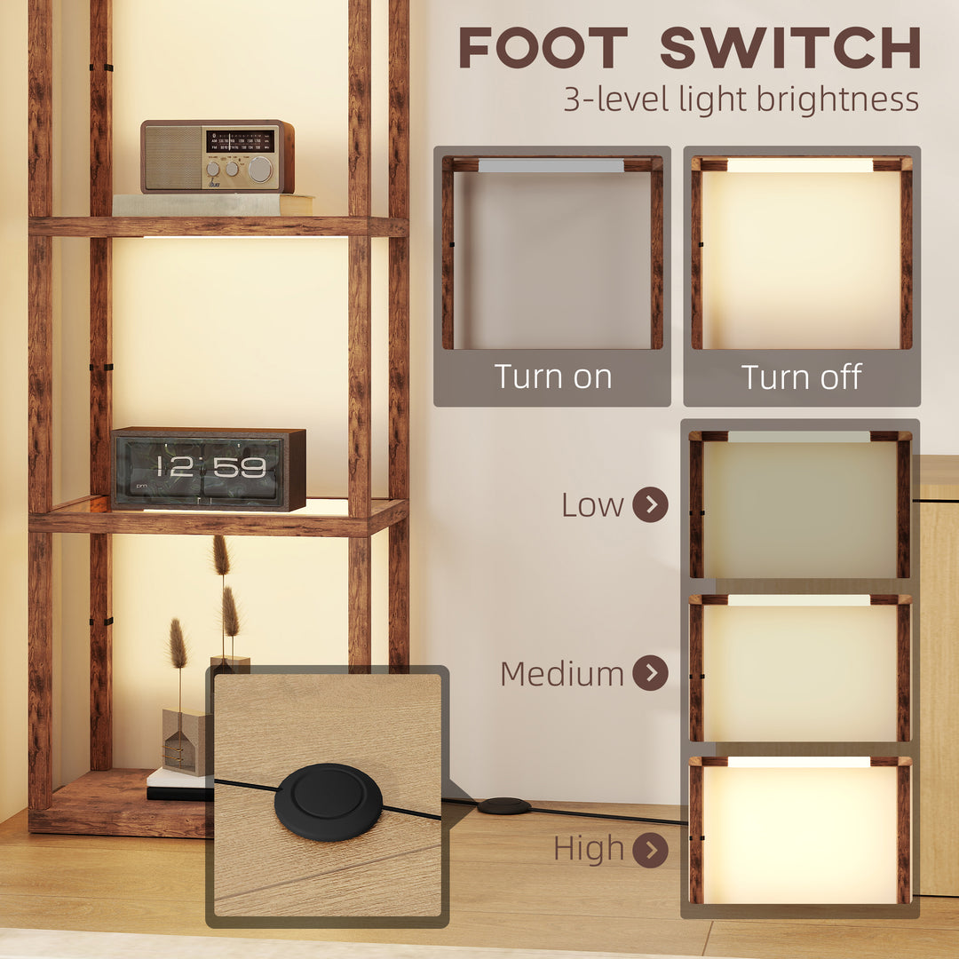 LED Floor Lamp with Glass Shelves, 4 Layers Dimmable Tall Standing Lamp, Modern Column Shelf Floor Light for Living Room, Bedroom, Office, Rustic Brown