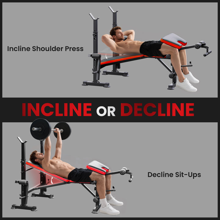 Adjustable Weight Bench with Leg Extension, Barbell Rack, Preacher Curl Pad, Butterfly, Multi-Function Home Gym Bench for Strength Training, Red