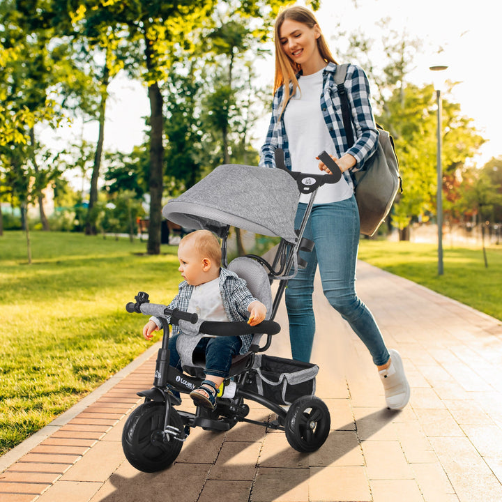6 in 1 Kids Trike Push Bike w/ Push Handle, Canopy, 5-point Safety Belt, Storage, Footrest, Brake, for 1-5 Years