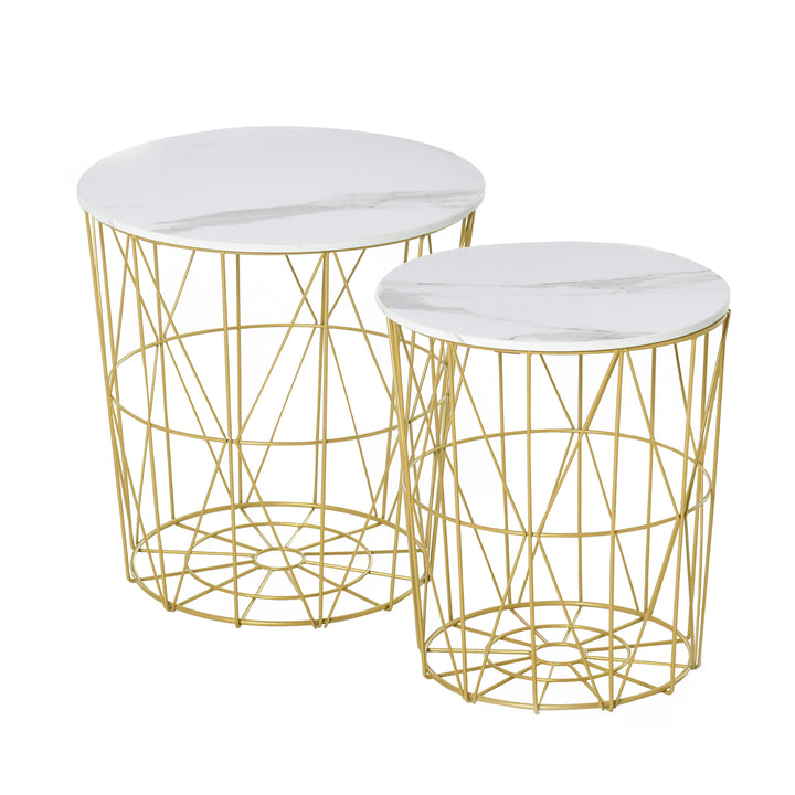 HOMCOM Set of 2 Nesting Side Tables with Storage, Round End Tables Coffee Tables with Steel Frame and Removable Round Top, White | Aosom UK