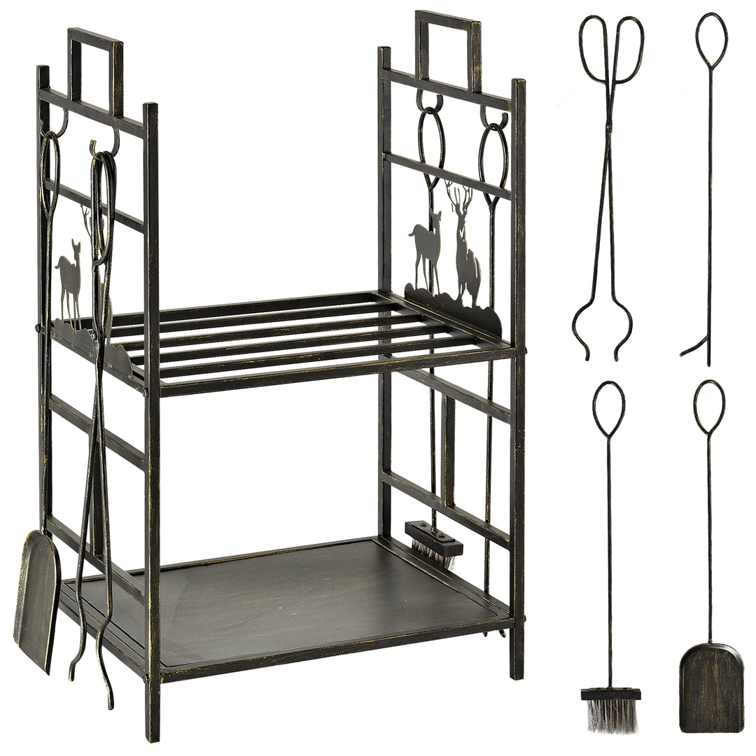 Metal Firewood Log Holder 2 Tier Firewood Rack Indoor Outdoor Fireplace Wood Storage Shelf with 4 Tools, Hooks, Elk Shape Design, Black Gold Tone, 51.5W x 33D x 77H cm