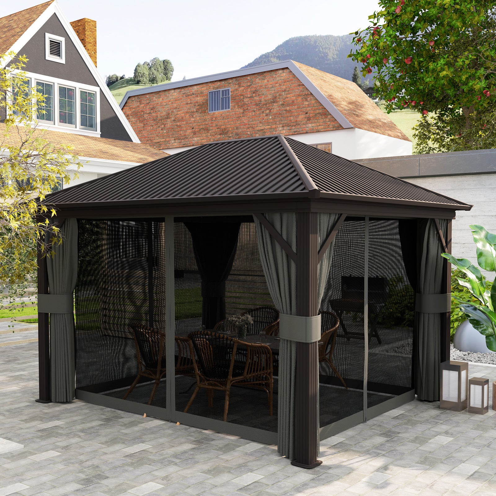 3.6 x 3 m Aluminium Hardtop Gazebo, with Accessories - Dark Grey