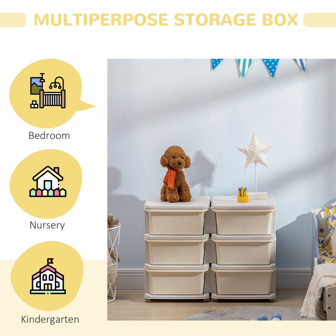 ZONEKIZ Kids Storage Units w/ 6 Drawers, 3 Tier Kids Toy Storage Organizer, Vertical Dresser Tower for Nursery Playroom Kindergarten, Cream | Aosom UK