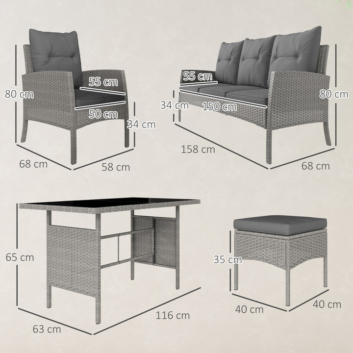 5 Seater Rattan Garden Furniture Set, 2 Armchairs, 3-Seater Wicker Sofa, 2 Footstools and Glass Table, 6 Piece Patio Rattan furniture Sofa Sets with Cushions for Conservatory, Grey