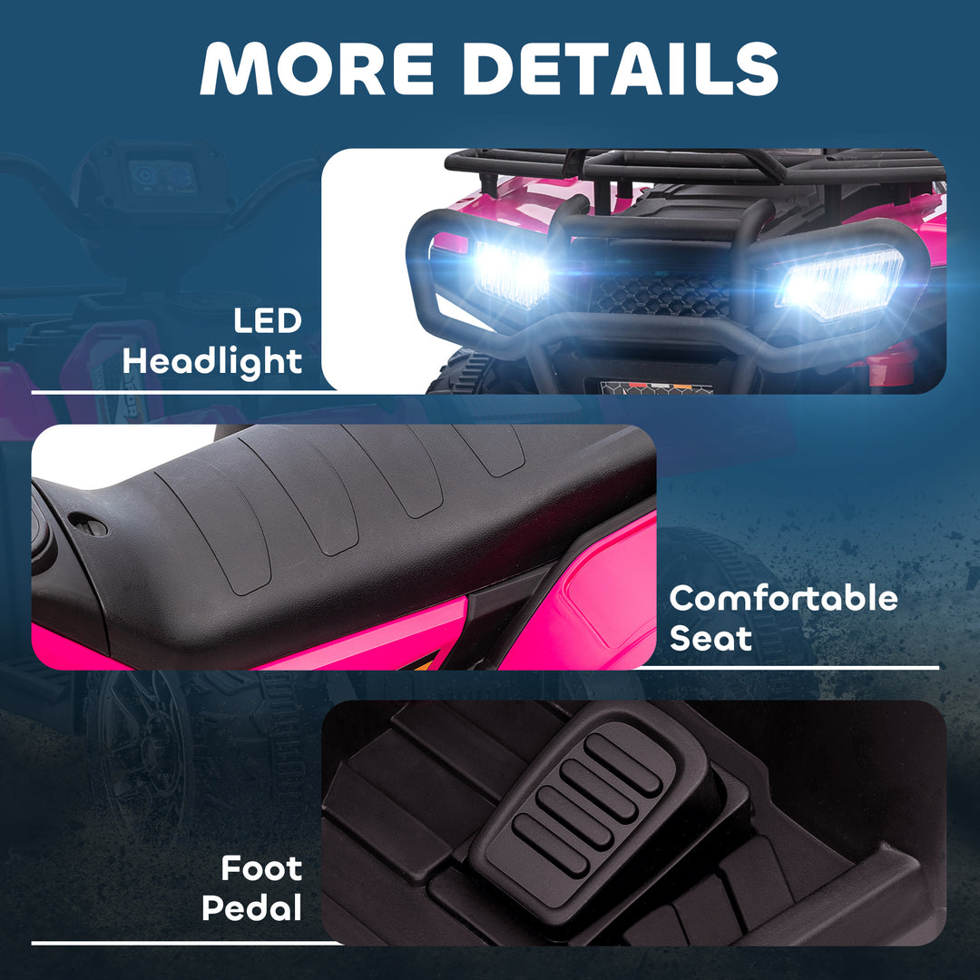 12V Kids Quad Bike with Forward, Reverse Functions, Ride-On ATV w/ Music, LED, Headlights, for Ages 3-5 Years - Pink