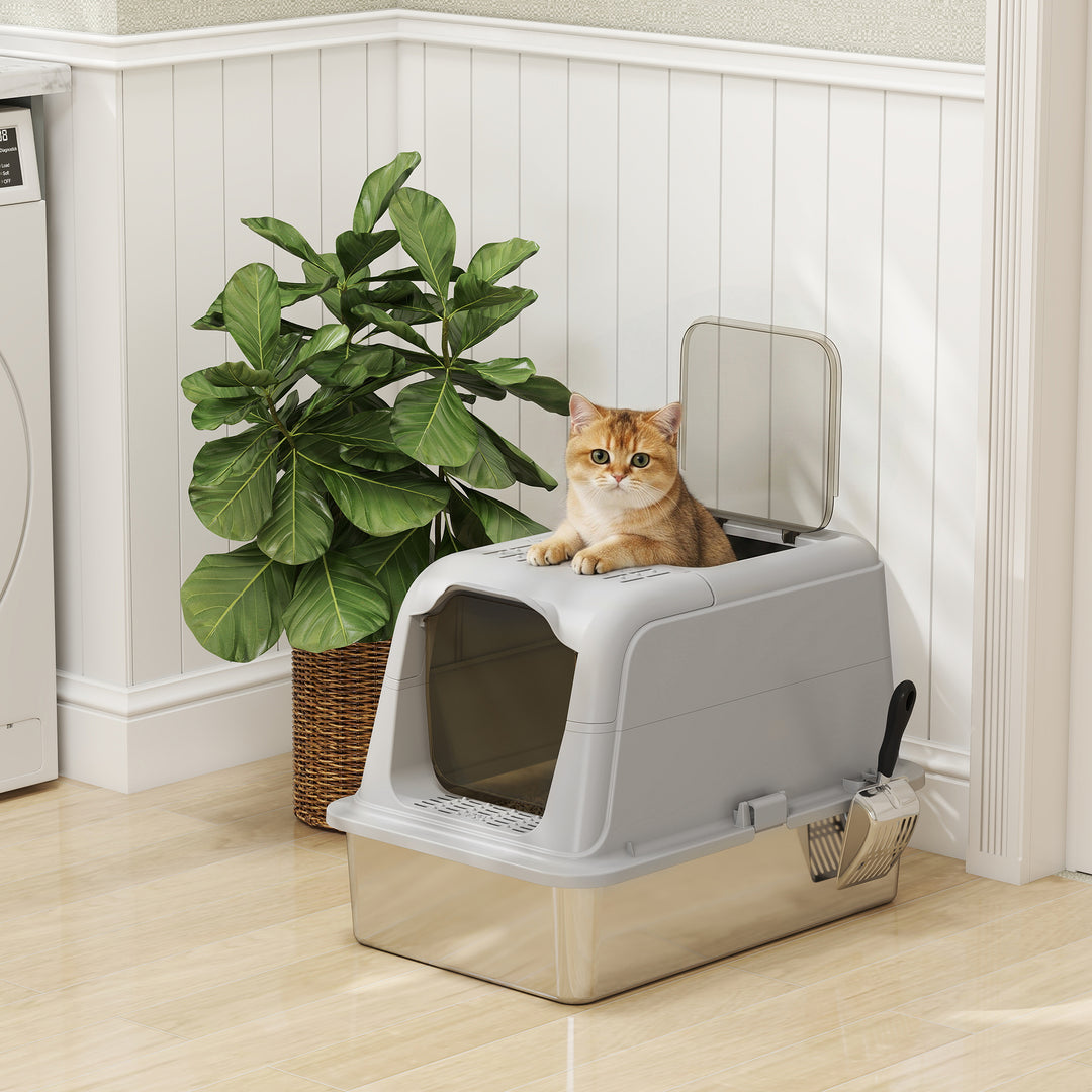 Extra Large Stainless Steel Litter Box, Enclosed Cat Litter Tray with 