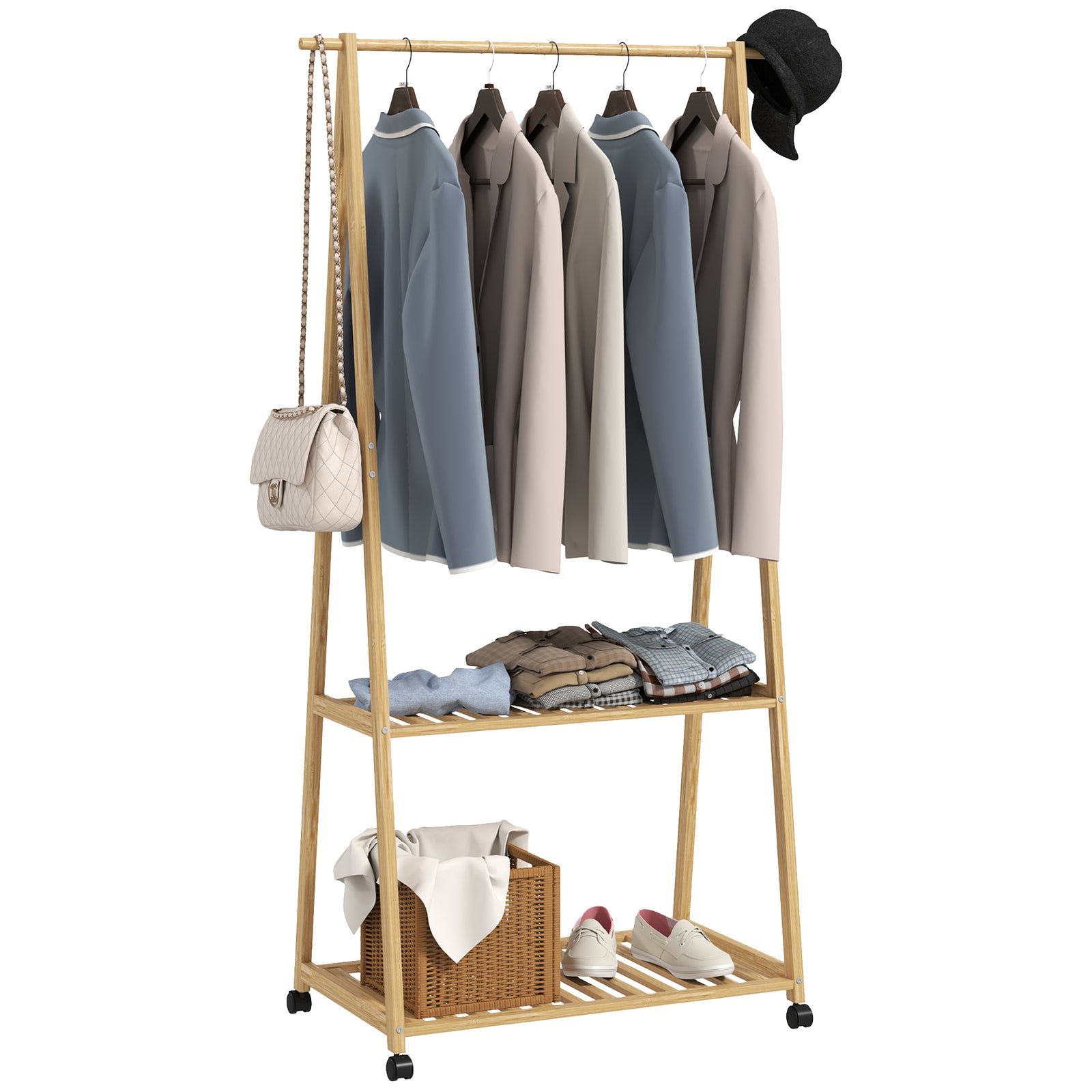 Bamboo Clothes Rack, with Shelves and Hooks - Natural Finish