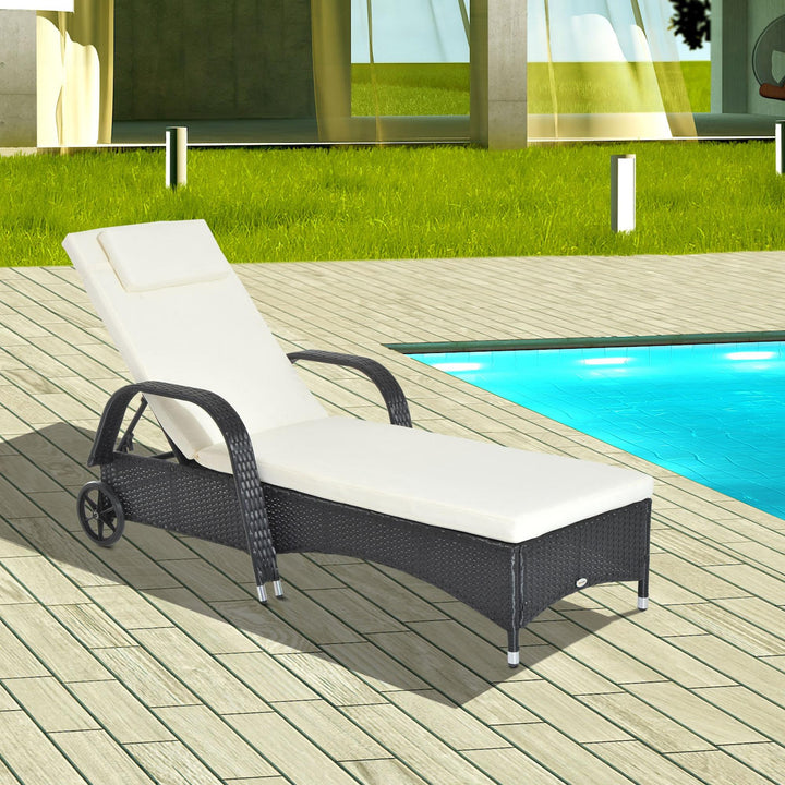 Rattan Sun Lounger, Garden Lounger Recliner with Wheels and Adjustable Backrest, Outdoor Reclining Sunbed Garden Chair with Cushion and Headrest for Patio, Beach, Terrace, Black