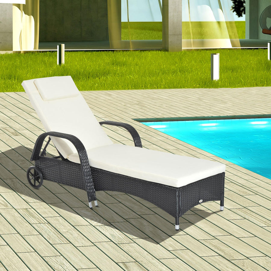 Rattan Sun Lounger, Garden Lounger Recliner with Wheels and Adjustable Backrest, Outdoor Reclining Sunbed Garden Chair with Cushion and Headrest for Patio, Beach, Terrace, Black