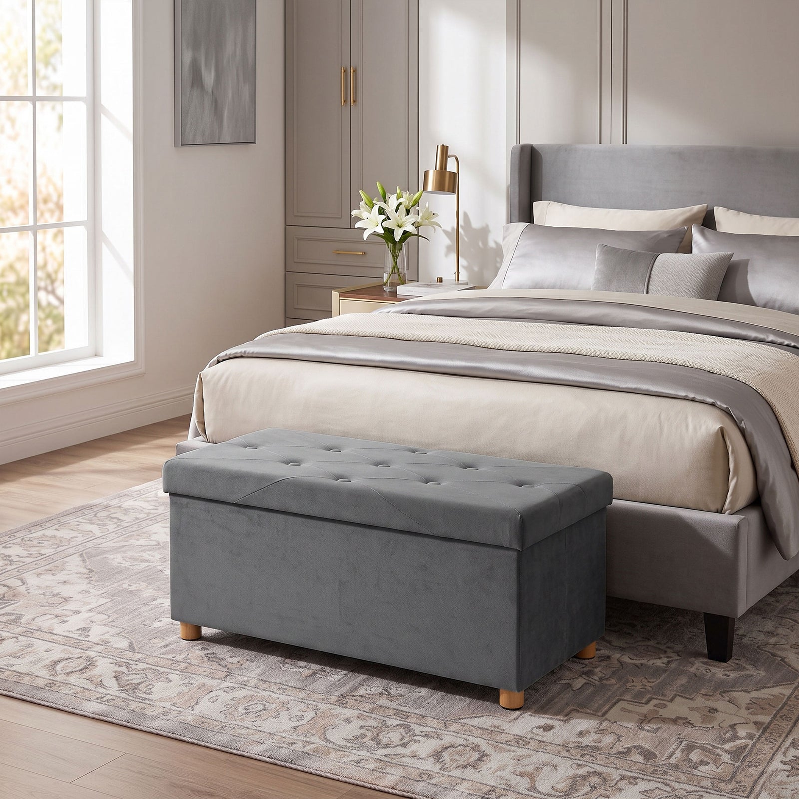 Velvet Upholstered Foldable Ottoman Footrest, Storage Ottoman Bench wi