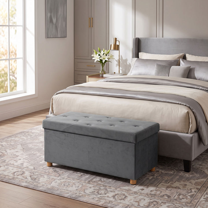 Velvet Upholstered Foldable Ottoman Footrest, Storage Ottoman Bench wi