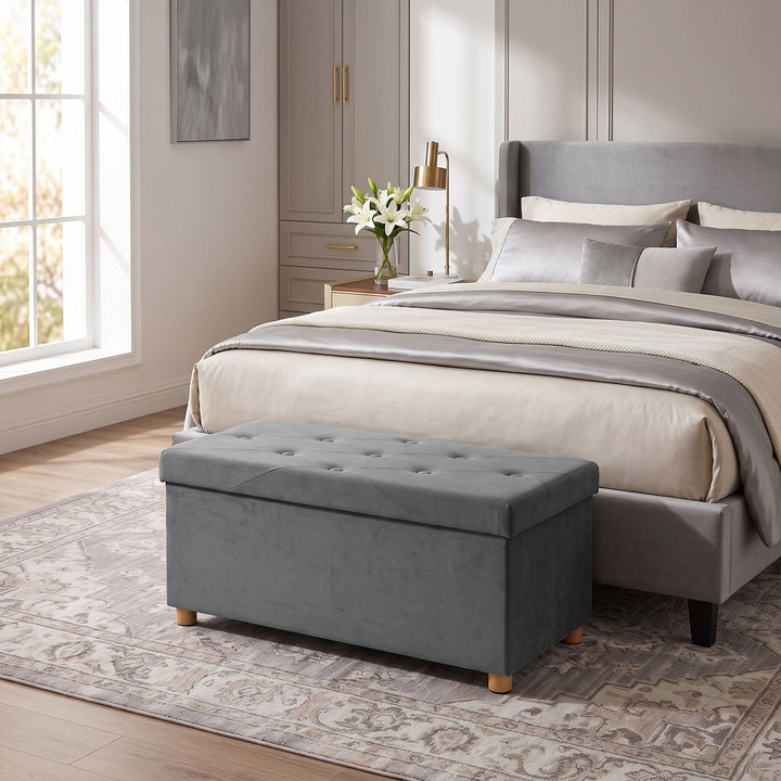 Velvet Upholstered Foldable Ottoman Footrest, Storage Ottoman Bench with Wood Legs for Living Room