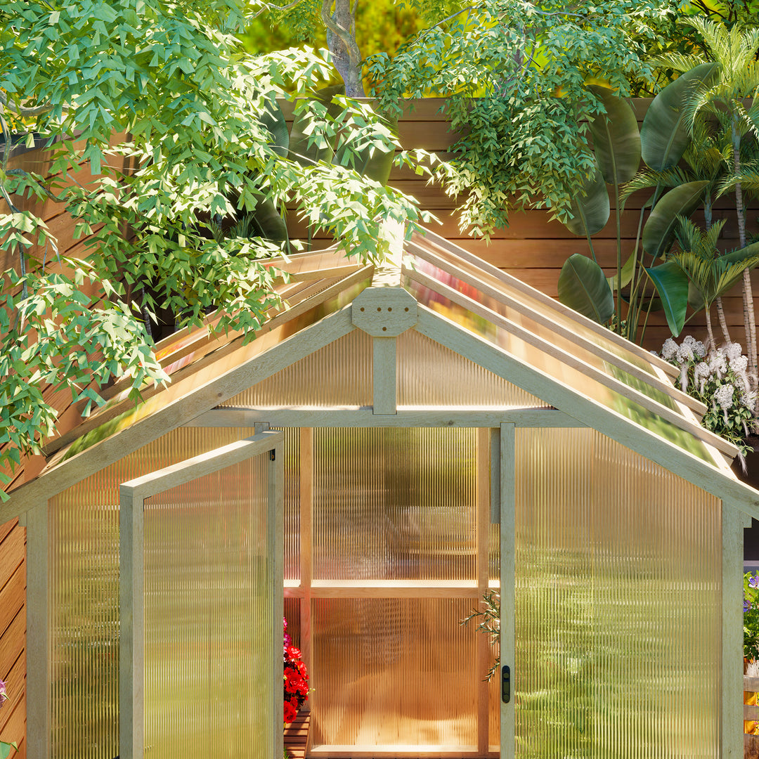 6.6 x 6ft Polycarbonate Greenhouse, Walk-in Wooden Greenhouse with Lockable Door and Window, Garden Plants Grow House, Brown