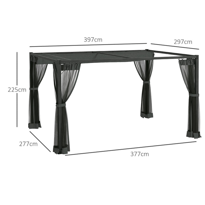 Outsunny 3 x 4m Retractable Pergola, Garden Gazebo Shelter with Nettings, for Grill, Patio, Deck, Dark Grey