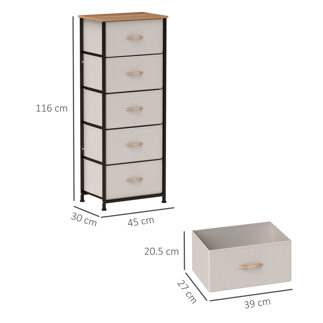 Fabric Chest of Drawers, Industrial Bedroom Dresser with 5 Fabric Drawers, Steel Frame and Wooden Top for Nursery, Living Room, Hallway, Cream White