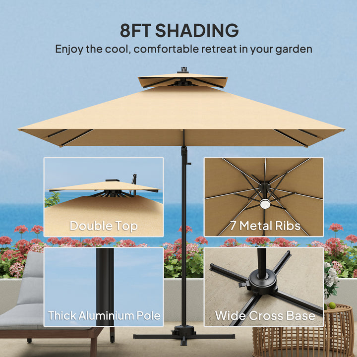 2.5m Cantilever Parasol with Solar Powered LED Lights, 360° Rotation, Tilt Adjustment, Crank Handle, Khaki